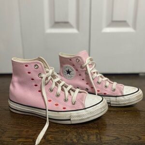 Valentines Converse in Pink with Red Embroidery and White Laces- Size 8